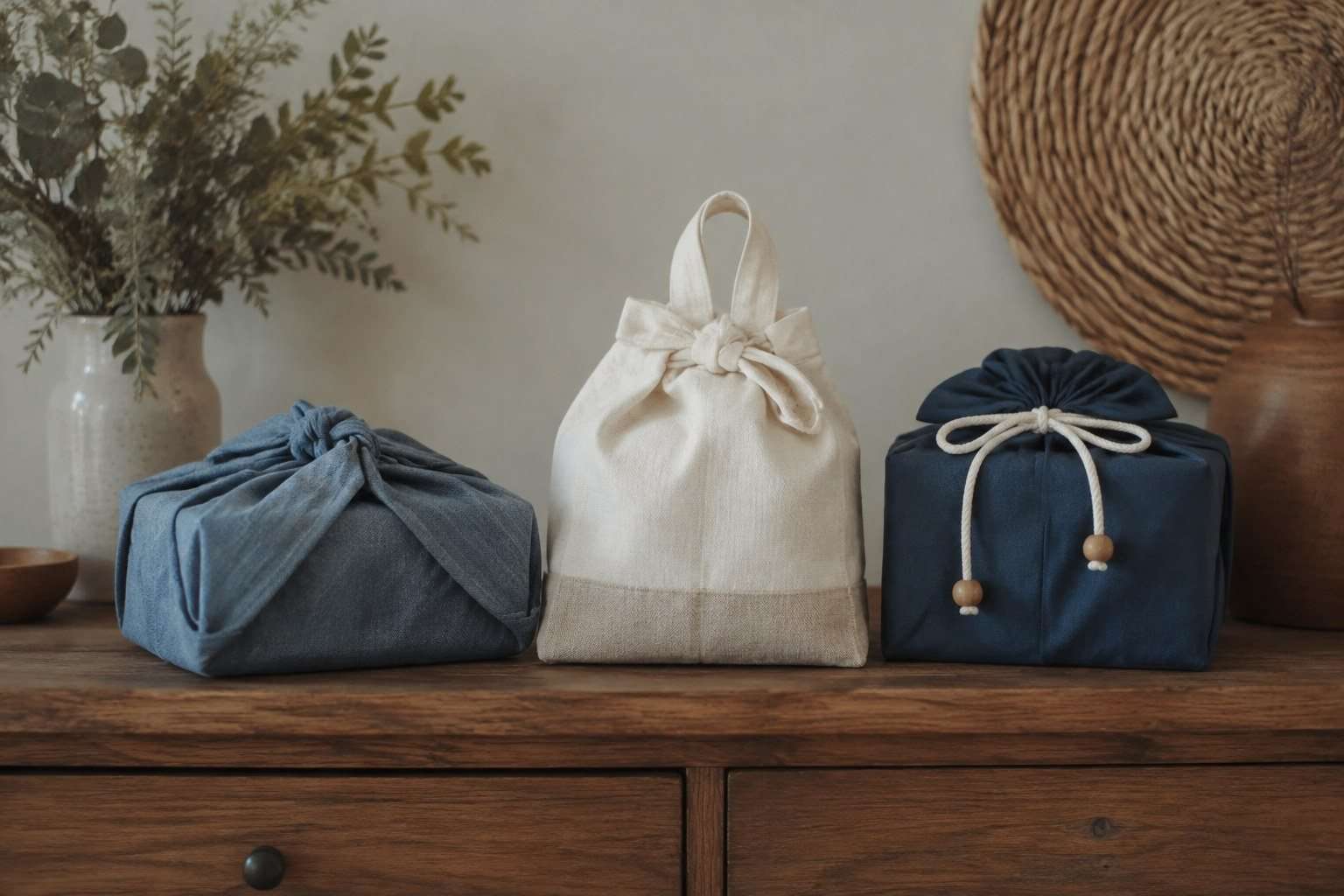 Tres regalos presentados con tela, una bolsa y una caja reutilizable