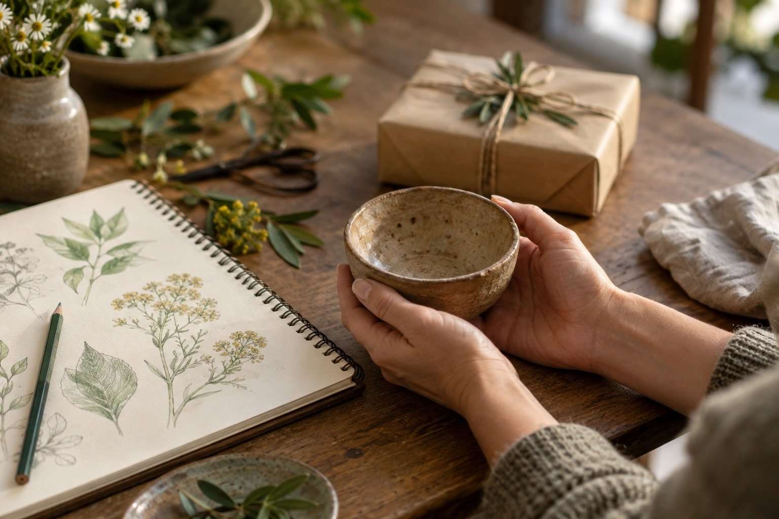 Un regalo para quien disfruta la cerámica: crear una tarde alrededor del barro — Imagen 1 Escena ilustrativa de unas manos con un cuenco de cerámica junto a dibujos de plantas y un paquete de regalo.